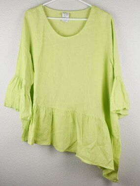 Match Point Womens M Lime Green Asymmetrical Ruffle Tunic Top 3/4 Sleeve HLT647
